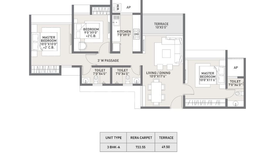 Raunak-Earth-Park-Floor-Plan-3 BHK- 733 Sqft
